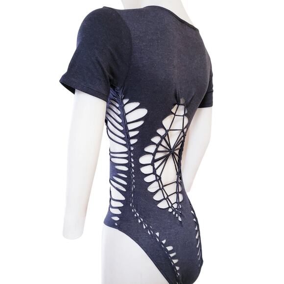 MOON GODDESS - LARGE - Junior/Women's Cut and Weaved Charcoal Grey Leotard, Fun - Picture 4 of 10
